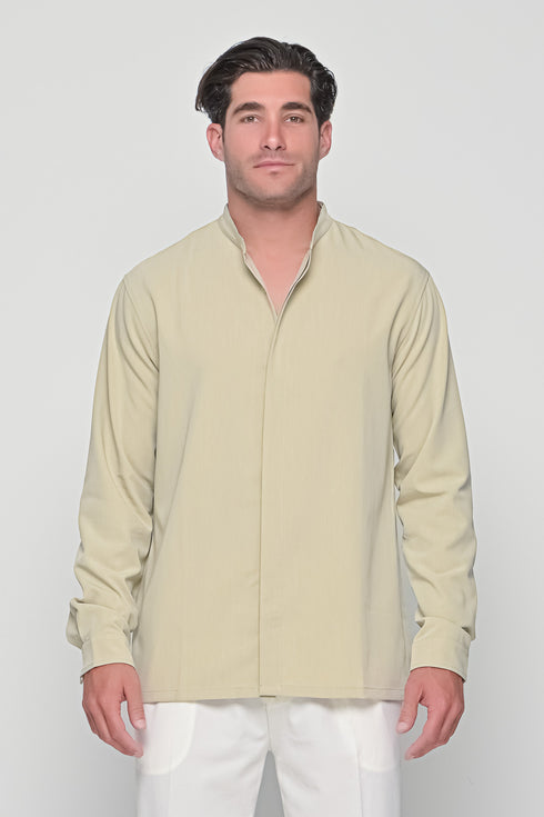 HIDDEN BUTTON MAO SHIRT IN BEIGE